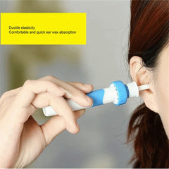 Person using a blue and white ear cleaning tool with text about ear wax absorption on a gray background