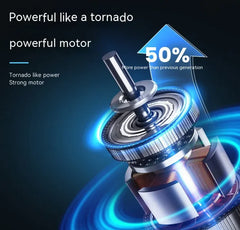 Motor with tornado-like design and power enhancement text on a dark background