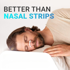 Man sleeping with a nasal strip on his nose, text 'Better Than Nasal Strips' above.